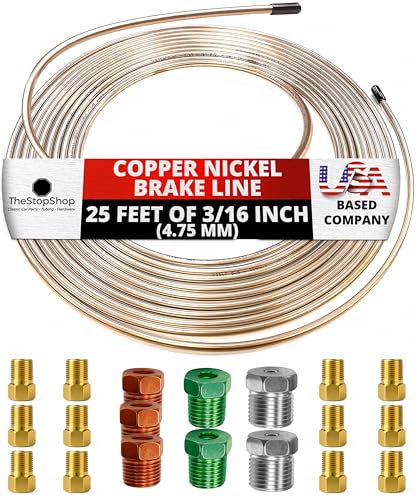 The Stop Shop 25 Feet of 3/16 Inch (4.75 mm) Copper Nickel Brake Line (.028" Wall Thickness) with Fittings - size: 25 Foot Kit