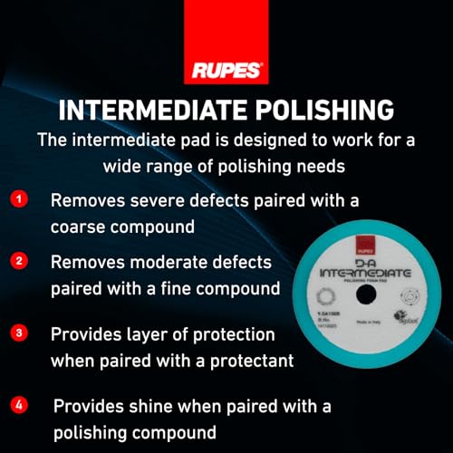RUPES 9.DA100B Pack of 24 Light Blue D-A Intermediate Foam Polishing Pads 100mm | Ideal for Paint Correction & Gloss Enhancement | Improves Cutting Performance | Compatible with 4" Backing Plate - size: Intermediate 100mm, style: Pack of 24