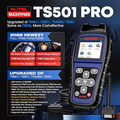 Autel MaxiTPMS TS501 PRO TPMS Programming Tool, 2026 Same as TS508WF TS508 | Up of TS501 TS408S, Relearn Activate Tire Sensors, Program MX-Sensors, Turn Off TPMS Light, Lifetime Free TPMS Tool for DIYer