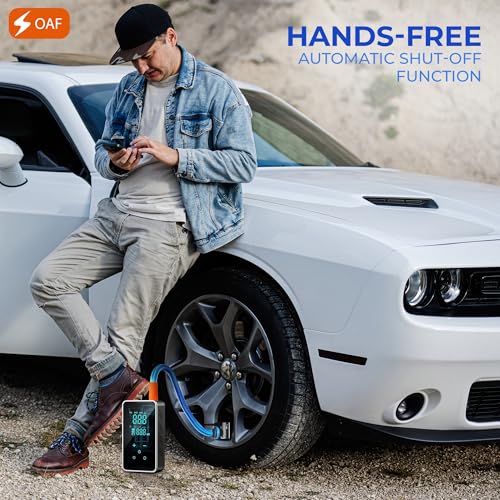 OAF Portable Tire Inflator Air Compressor – Cordless 150 PSI Digital Car Tire Pump with Auto Shut-Off, LED Light & Nozzles for Car, Motorcycle, Bike, Balls & Inflatables