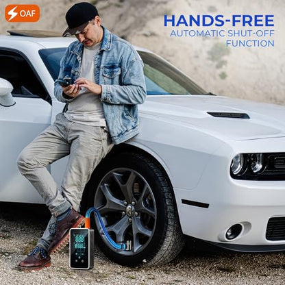 OAF Portable Tire Inflator Air Compressor – Cordless 150 PSI Digital Car Tire Pump with Auto Shut-Off, LED Light & Nozzles for Car, Motorcycle, Bike, Balls & Inflatables