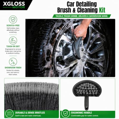 XGloss Motor™ 19-Piece Car Detailing Brush & Cleaning Kit – Drill Brush Set, Detail Brushes, Wheel Brushes, Wash Mitt, Towel, Vent & Dusting Brushes, Applicator Pad & Storage Bag
