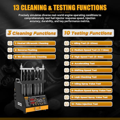 AUTOOL CT450 Fuel Injector Tester & Cleaner, 6-Cylinder Ultrasonic Injector Cleaning Machine with Heating, GDI EFI FSI Compatible, 3 Cleaning Modes & 10 Test Functions, 12V/70V/120V Output