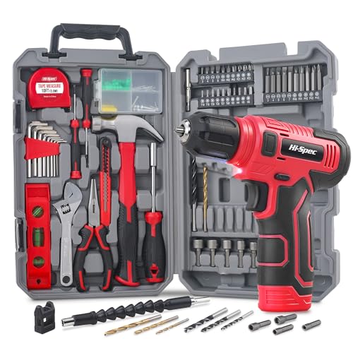 Hi-Spec Tool Set with 8V Cordless Drill Set Home Repair & Maintenance | Complete DIY Tool Kit, USB Rechargeable Electric Drill Driver, Women and Men Tool Kit, Home Repair & Maintenance, Compact - color: Red, size: 70-Piece
