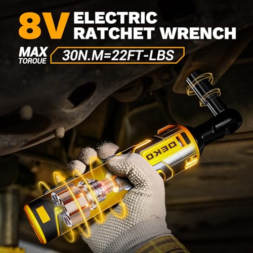 DEKOPRO Cordless Electric Ratchet Wrench Set 3/8" 450RPM Power Ratchet Tool Kit, 19Pcs Cordless Ratchets Wrench Set with Variable Speed,14 Sockets,3/8" to1/4 Adapter,2 Extension Bars, Charging Line