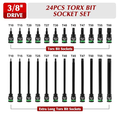 EMENTOL 24PCS 3/8" Drive Impact Torx Bit Socket Set, Extra Long Star Bit Sockets, T10-T60, Cr-V and S2 Alloy Steel - size: Torx Bit T10-T60