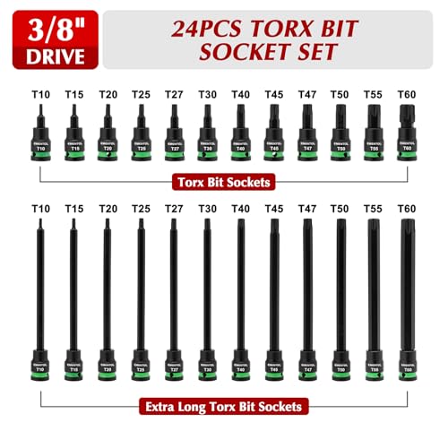 EMENTOL 24PCS 3/8" Drive Impact Torx Bit Socket Set, Extra Long Star Bit Sockets, T10-T60, Cr-V and S2 Alloy Steel - size: Torx Bit T10-T60