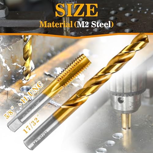 5/8"-11 UNC Tap and 17/32" Drill Bit for Metal,M2 HSS Drill and Tap Set | Combination of Drill and Tap Kit for Metal - size: 5/8"-11 UNC Tap - 17/32" Drill