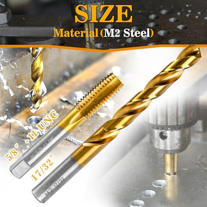5/8"-11 UNC Tap and 17/32" Drill Bit for Metal,M2 HSS Drill and Tap Set | Combination of Drill and Tap Kit for Metal - size: 5/8"-11 UNC Tap - 17/32" Drill