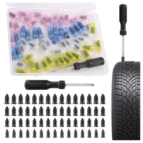 Upgraded 60PCS Car Tire Repair Rubber Nail Kit,Portable Car Rubber Screw Tire Plugs Kit for Emergency Repair Work,Self-Service Cars Tires Plugs Screw Type with Screwdriver - color: 4 Size/60PCS
