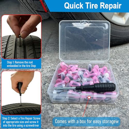 61PCS Tire Repair Rubber Nails Kit .Tire Screw Plug Repair Kit with Box and Screwdriver, Self Screw in Tire Repair Plugs for Car, Motorcycle, Truck, Tractor Tire Puncture Repair