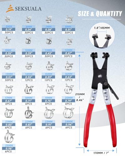 360Pcs 1/5" to 1" (5-25mm) Spring Band Hose Clamps Assortment Kit with Swivel Flat Hose Clamp Plier, SEKSUALA Constant Tension Steel Clamps for Fuel Lines, Silicone,Vacuum Hoses (Grey) - size: Grey-360Pcs-21Size 1/5" to 1"(5-25mm)