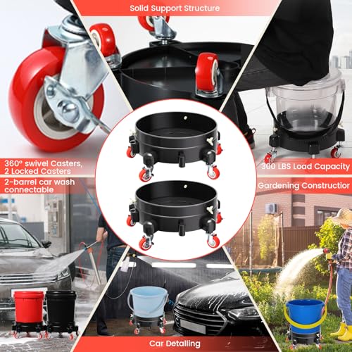 2Pcs 11 Inch Bucket Dolly, Removable Rolling Bucket Dolly, 5 Gallon Car, with 5 Heavy Duty Wheel Casters, 360°Rolling, Connectable, Locking, for Car Wash & Auto Detailing,Bearing 300lb,Black - color: Black