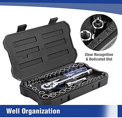 WORKPRO 39-Piece Drive Socket Set 1/4'' & 3/8'', CR-V Metric and SAE Sockets with Quick-Release Ratchet Wrench, Extension Bar, Spinner Handle & Adapter, Compact Mechanics Tool Set for Car Repair - color: Silver