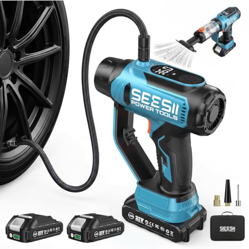 SEESII Cordless Tire Inflator Portable Air Compressor 150PSI Fast Air Pump | 21V Inflation Handheld with 20000Pa Vacuum, Dual Rechargeable Battery, Auto Shut Off, Digital Gauge, LED Light for Car,Truck