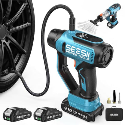 SEESII Cordless Tire Inflator Portable Air Compressor 150PSI Fast Air Pump | 21V Inflation Handheld with 20000Pa Vacuum, Dual Rechargeable Battery, Auto Shut Off, Digital Gauge, LED Light for Car,Truck