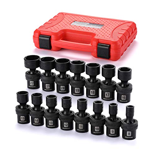 MIXPOWER 15-piece 3/8" Drive Shallow Universal Impact Socket Set, 6 Point, Metric, 8-22mm, CR-MO, Swivel Socket With Flexible Wobble… - size: 15 Pcs Metric 3/8'' Dr. (Shallow)