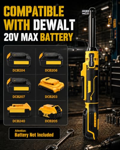 3/8" Extended Cordless Ratchet Wrench Compatible with Dewalt 20V Battery | 74ft-lbs Electric Ratchet with 6.3" Extended Head, Brushless Motor, LED Light, 8 Sockets Set, Adapters, 3 Inch Extension Bar - size: 6.3" Extended Head
