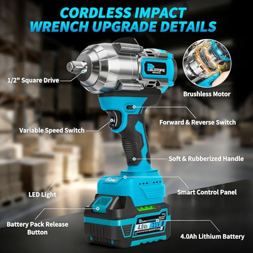 1/2" Cordless Impact Wrench,1107FT-LBS(1500Nm) Brushless High Torque Impact Gun,Electric Impact Driver with 2 x 4.0Ah Battery,Charger & 6 Sockets,Pistola De Impacto for Car/Mower/Pickup