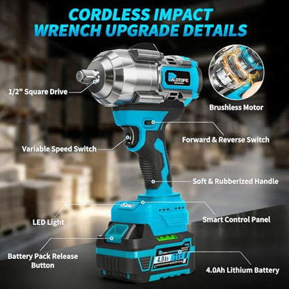 1/2" Cordless Impact Wrench,1107FT-LBS(1500Nm) Brushless High Torque Impact Gun,Electric Impact Driver with 2 x 4.0Ah Battery,Charger & 6 Sockets,Pistola De Impacto for Car/Mower/Pickup
