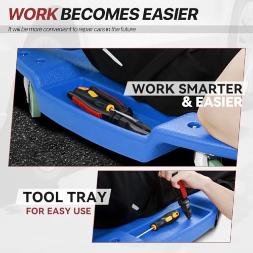 Mechanic Creeper 47 Inch, Low Profile Under Car Rolling Creeper with Padded Headrest and Tool Trays, 300 LBS Capacity, Ergonomic Body Design, Blue