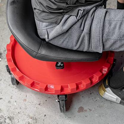 Traxion 2-230 Monster Rolling Padded Mechanic Stool Seat Garage Shop Roller Work Chair with Wheels and Tool Tray, Heavy-Duty 400-lb Capacity, All-Terrain 5" Casters, Black Red