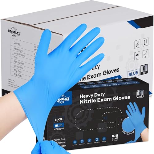 TitanFlex Heavy-Duty Blue Nitrile Gloves, 6-mil, Fully Textured, Mechanic Disposable Gloves, Powder-Free, Latex-Free - color: 07 Blue (M, 1000ct)