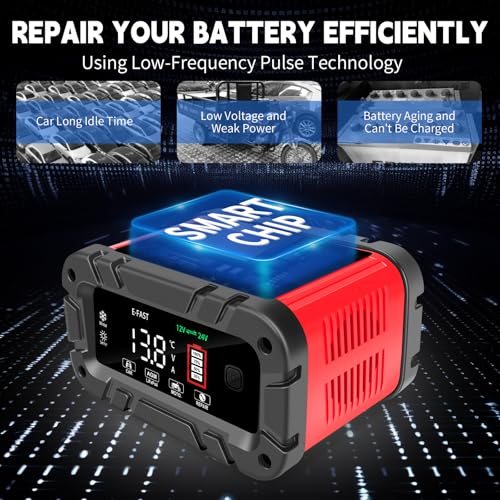 E-FAST Battery Charger 0-20A 12/24V Lifepo4 Lead Acid Automatic Smart Car Battery Charger, Trickle & Pulse Repair, Automobile Battery Maintainer for Car Truck Motorcycle Lawn Mower Boat