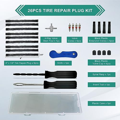 TT-M26 Tubeless Tire Repair Kits, 26pcs Compact Tire Puncture Repair Kit, Tire Repair Tools and Tire Repair Plugs for Cars Motorcycles… - size: 26 PCS