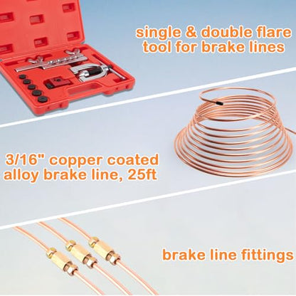 3/16" Brake Line Repair Kit - Double & Single Brake Line Flaring Tool Kit 1/4" 5/16" (with Tube Cutter & 5 Adapters) + 25Ft Copper Coated Brake Line (with 4 Unions & 16 Fittings) + Brake Line Bender