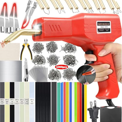 Upgraded 220W Plastic Welder, 2 in 1 Plastic Welding Kit Plastic Repair Welder Kit 1000PCS Hot Stapler Soldering Gun with 100PCS Plastic Welding Rods Car Bumper Repair Kit for Most Plastic Repair - color: Red