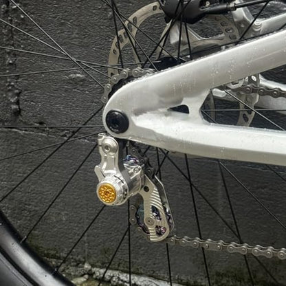 Single Speed Chain Tensioner Kit, CNC Aluminum Adjuster with 11T Pulley | Fits derailleur hanger frames for single speed conversions. 11T pulley with ceramic bearing for MTB, BMX & DJ bikes. - color: Silver