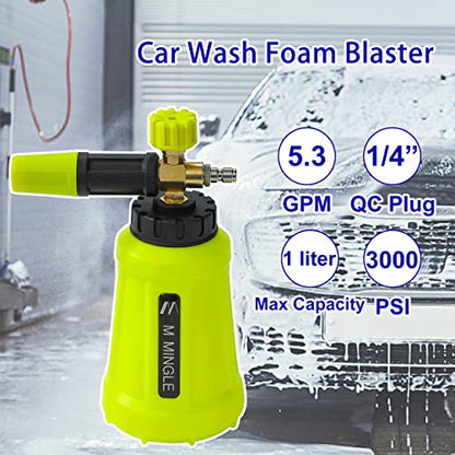 M MINGLE Foam Cannon for Pressure Washer, 1 Liter with 5 Nozzle Tips | Car Foam Sprayer with 1/4 Inch Quick Connector, Wide Mouth Heavy Duty Car Wash Foam Blaster Power Washer, 3000 PSI - size: 1 L
