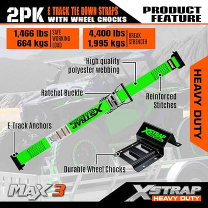 XSTRAP STANDARD 2-PK Wheel Chock E-Track Tie Down Straps Kit, 2"x9FT, Green | 4,400lb Break Strength Over-The-Tire Ratchet Straps with Steel Wheel Chocks for ATV, UTV, Lawn Mower, Trailer Hauling - size: Green-2PK-9FT
