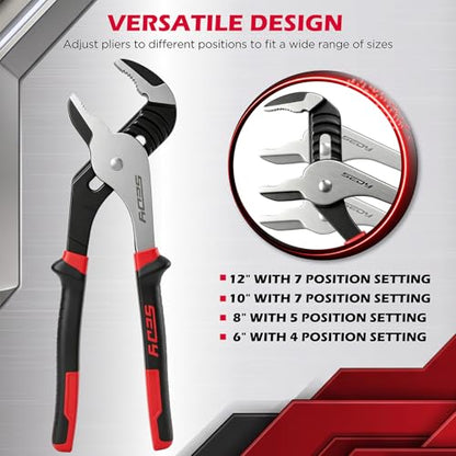 4-Piece Groove Joint Pliers Set, 12" 10" 8" 6" Adjustable Water Pump Pliers with Non-Slip Handles, Straight Jaw Tongue and Groove Pliers for Plumbing, Pipe Fittings, Nuts, Bolts and Home Repair - color: 4pc - 6" 8" 10" 12" Red & Black