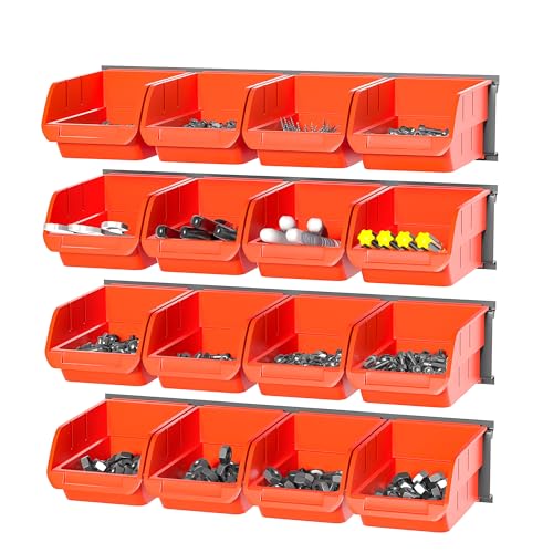 Ultrawall Wall Mounted Storage Bins, Plastic Hanging Storage Organizer Bins, Garage Tool Storage System for Screws, Nuts, Bolts, Nails, and Small Hardware Parts, 16x bins & 4 x rails, Orange - color: Orange