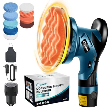 Saker Mini Cordless Buffer Polisher - 6 Inch Portable Polishing Machine Kit for Car Detailing, with 1PC 12V 2000mAh Rechargeable Battery, extra 10 PCS Attachments - style: BUFFER POLISHER FOR CAR DETAILING+ 1 BATTERY