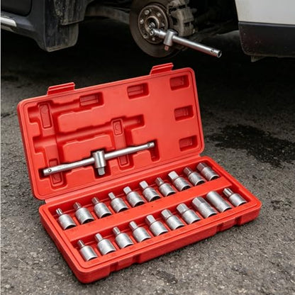 Generic 23 Pieces Drain Plug Socket Set Storage Box Transmissions Drain Tool Metal Oil Pan Bolt Wrench Kit for Mechanics, Car Repair Workers, Garage