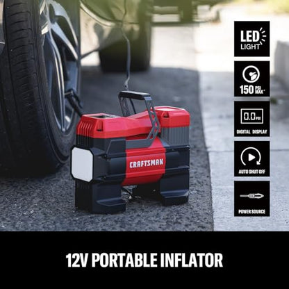 CRAFTSMAN Portable 12V Tire Inflator with Digital Gauge & Auto Shut-Off | 150 PSI Air Compressor with LED Light and 12V DC Car Plug Compact Air Pump for Car Tires, Bikes & Sports Equipment