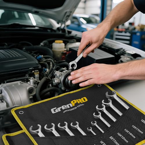 GRENPRO 6-Point Flare Nut Wrench Set – 10Pcs CR-V Steel Brake Line Wrench Kit for Cars & Trucks,Complete Standard (1/4"-7/8") and Metric (9-21mm) Sizes, Includes Storage Pouch & Identification Gauge - size: 10PCS Metric & SAE