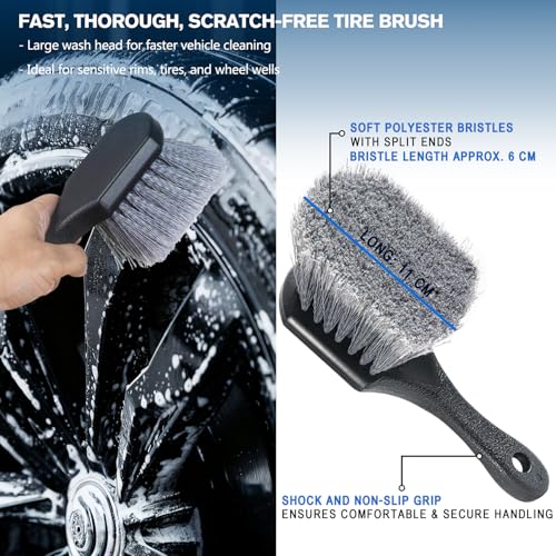 Professional Car Wheel Cleaning Kit with Ultra-Flat Wheel Brush, Tire Brush, Detailing Brush, Chenille Wash Mitt, Tire Shine Applicator Pad, Microfiber Towel | Gentle Scratch-Free Car Wash & Care