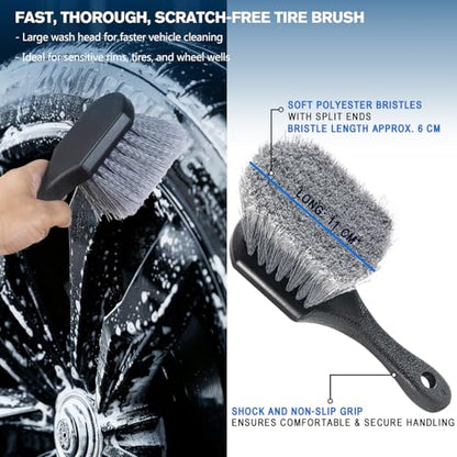 Professional Car Wheel Cleaning Kit with Ultra-Flat Wheel Brush, Tire Brush, Detailing Brush, Chenille Wash Mitt, Tire Shine Applicator Pad, Microfiber Towel | Gentle Scratch-Free Car Wash & Care