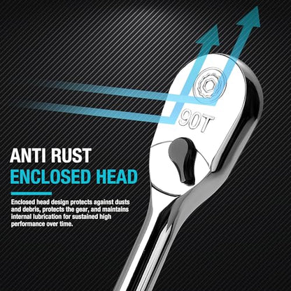 DURATECH Extra Long Handle 1/2-Inch Drive Ratchet, 90-Tooth Ratchet Wrench with 15" Handle and Dust Proof Teardrop Enclosed Head, Reversible, CR-V Steel Made, CR-MO Head, Full Polished, Gifts for Men - size: 1/2" with 15" handle