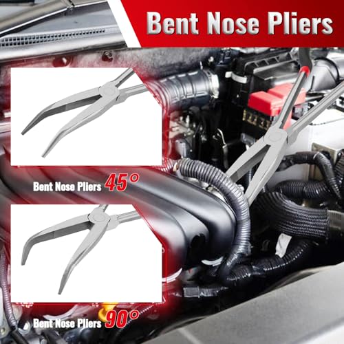 Needle Nose Pliers Set 5Pcs, Extra Long Reach Plier Set, 90°&45° Bent Nose Pliers, Circle Nose/Diagonal Pliers for Narrow Spaces, 11" Long Reach Straight Plier for Wire Bending, Trimming