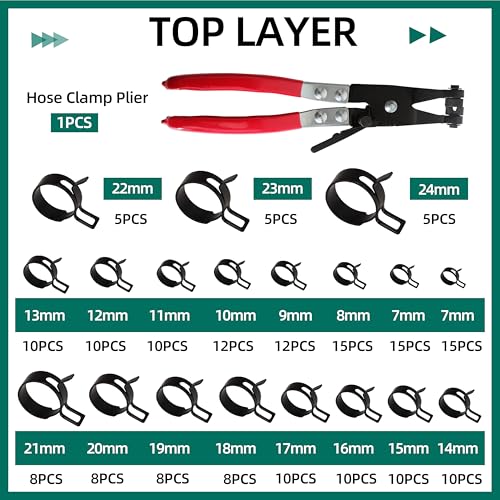 227pcs 6-38mm Spring Band Hose Clamp Assortment Kit with Swivel Flat Band Fuel Hose Clamp Plier,28 Sizes Spring Hose Clip Fuel Line Silicone Vacuum Hose Pipe Clamp, Air Hose Tube Water Pipe Fasteners