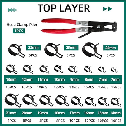 227pcs 6-38mm Spring Band Hose Clamp Assortment Kit with Swivel Flat Band Fuel Hose Clamp Plier,28 Sizes Spring Hose Clip Fuel Line Silicone Vacuum Hose Pipe Clamp, Air Hose Tube Water Pipe Fasteners