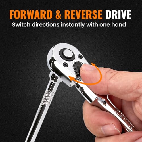 Flex Head 3/8" Drive Ratchet Wrench, 90T Long Reach Ratchet, Quick-Release Reversible with Cr-Mo Head and 6" Extension Bar for Tight Spaces & Automotive Repair - size: 3/8"