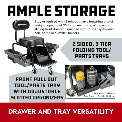 Powerbuilt Professional Mechanics Roller Seat, Heavy Duty Padded Detailer Seat and Backrest, Sliding Storage Drawers, Tool Tray, Can Holders, 4-Inch Swivel Wheels