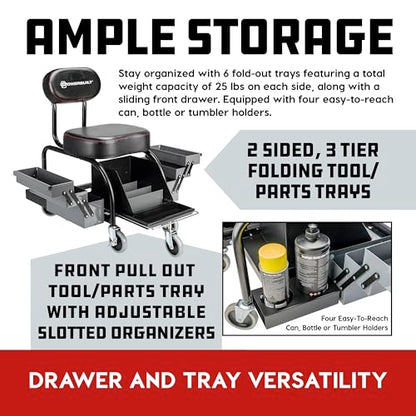 Powerbuilt Professional Mechanics Roller Seat, Heavy Duty Padded Detailer Seat and Backrest, Sliding Storage Drawers, Tool Tray, Can Holders, 4-Inch Swivel Wheels