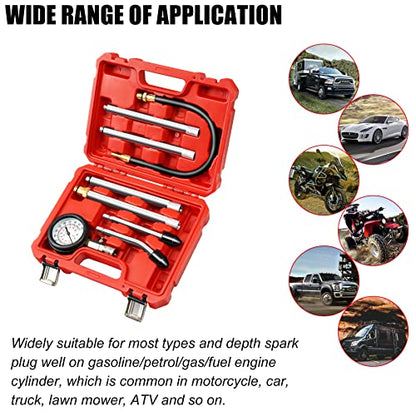 JIFETOR Engine Compression Tester 8PC Kit Cylinder Test Pressure Gauge Tool | 10 12 14 18mm Extension Rods & Tapered Adapters Testing Small Gasoline Engine Automotive Motorcycle Outboard Motor Snowmobile
